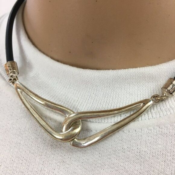 Vintage 1990s Y2K Silver Tone Drop Loop Choker Necklace Rubber Cord - Picture 2 of 14